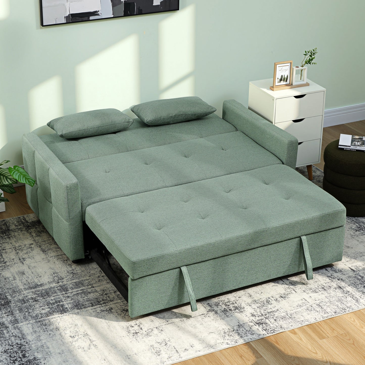 HOMCOM Three Way 2 Seater Sofa Bed With Three Position Back And Two Soft Pillows Green