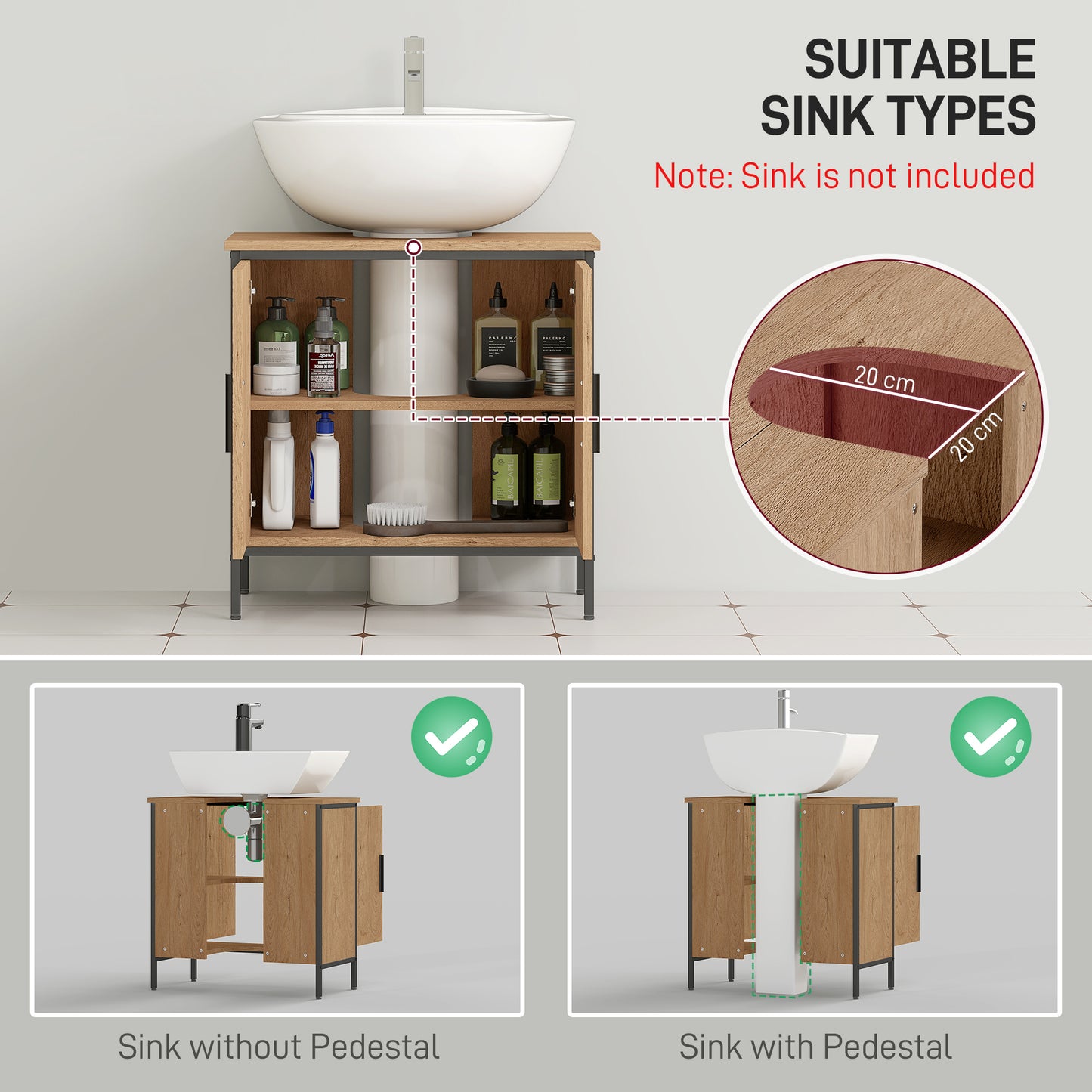 HOMCOM Bathroom Vanity Unit Under Sink Storage Cabinet With Two Doors Adjustable Shelf For Basin Without Pedestal Oak