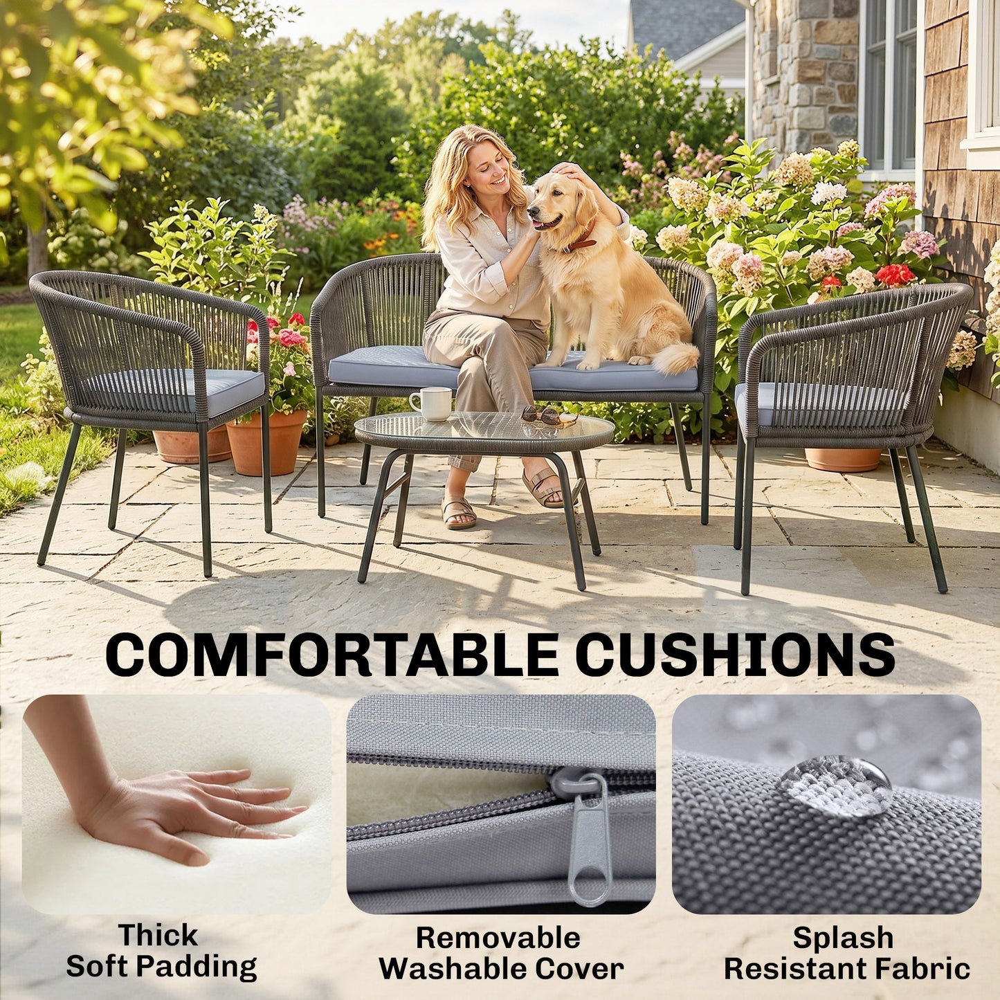 Outsunny 4 Piece Garden Furniture Set Rope Sofa With Loveseat And Two Chairs Tempered Glass Table Cushions Dark Grey