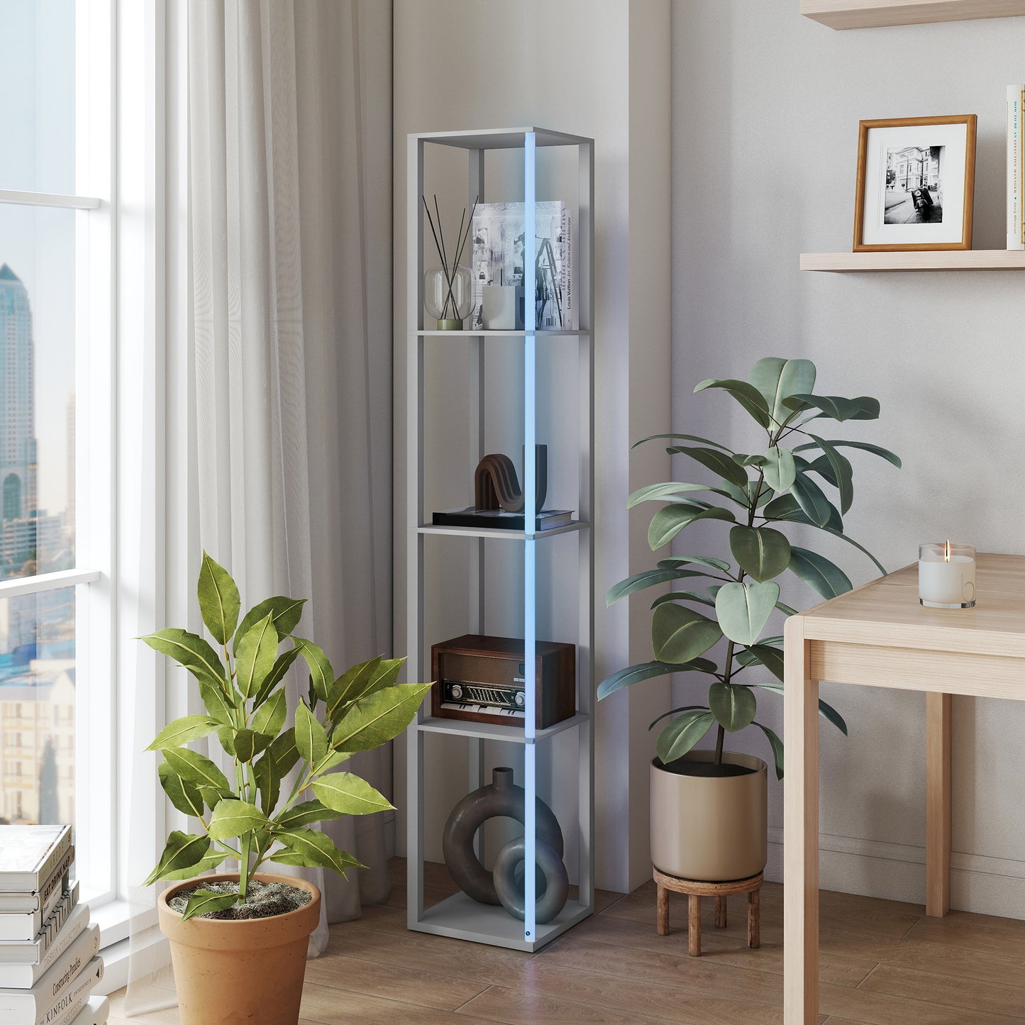 HOMCOM RGB LED Floor Lamp With Shelves, Modern Dimmable Standing Lamp With Remote, Adjustable Brightness And Speed