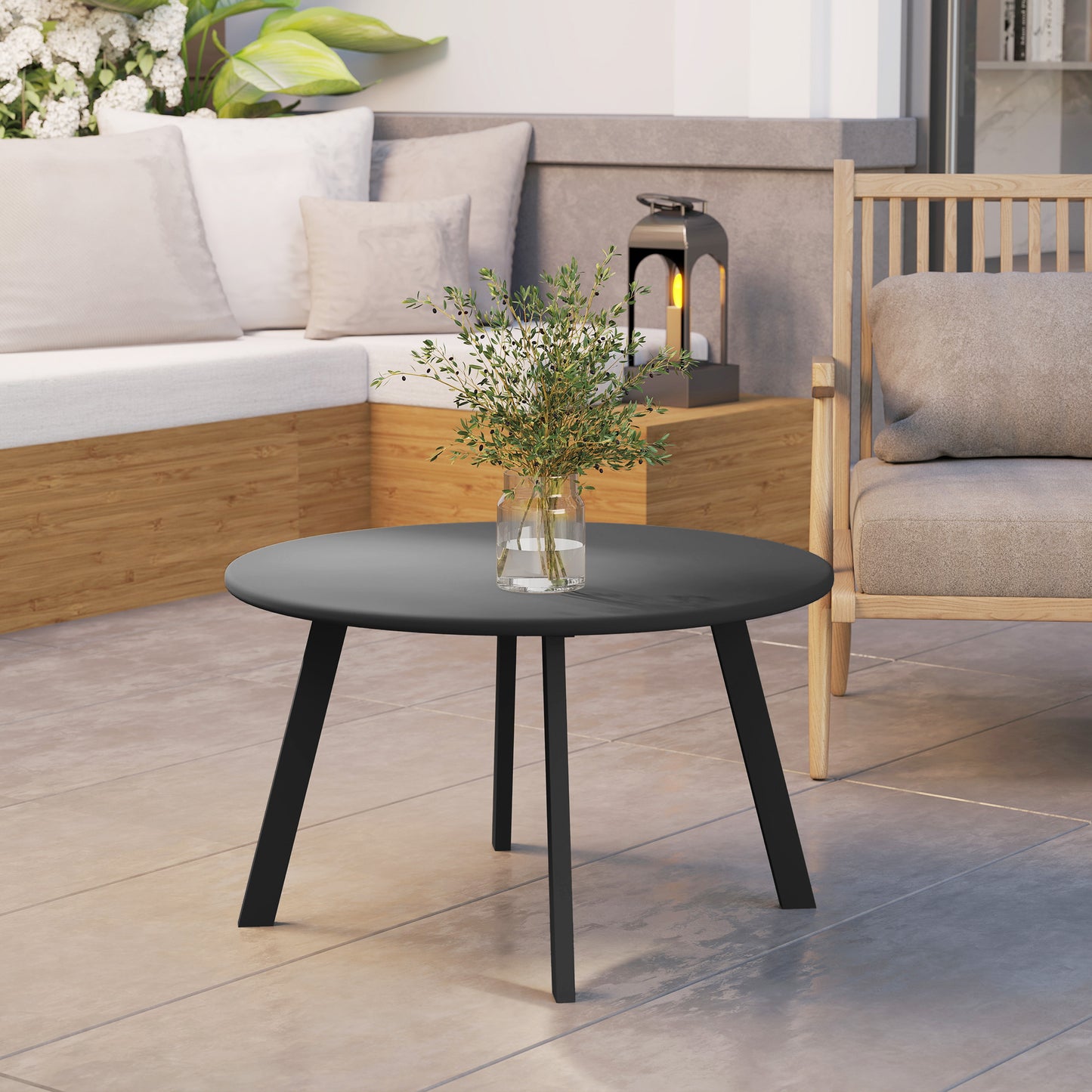 Outsunny 70cm Round Coffee Table Outdoor Garden Patio Black Non Slip Foot Pads Metal Frame