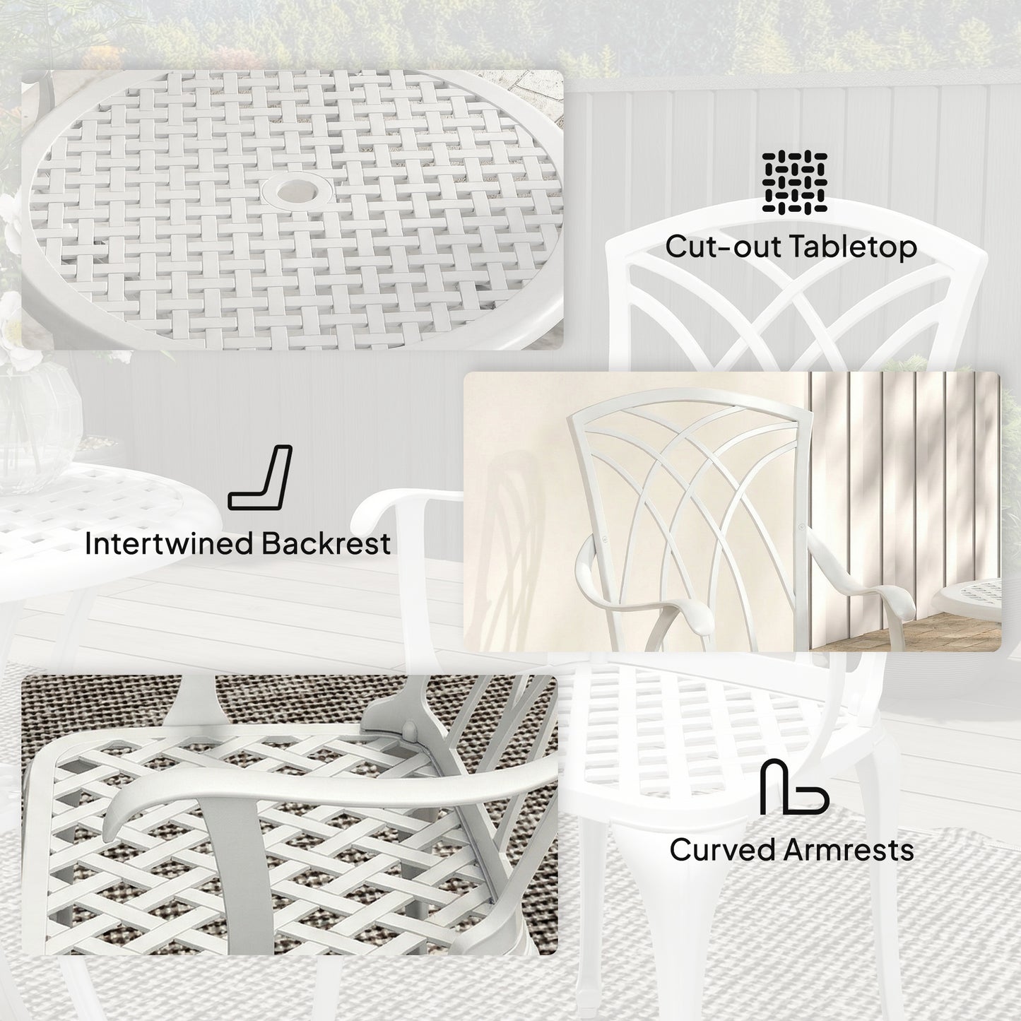Outsunny 3 Piece Garden Bistro Set Cast Aluminium Outdoor Dining Set With 2 Chairs And Round Table Parasol Hole White