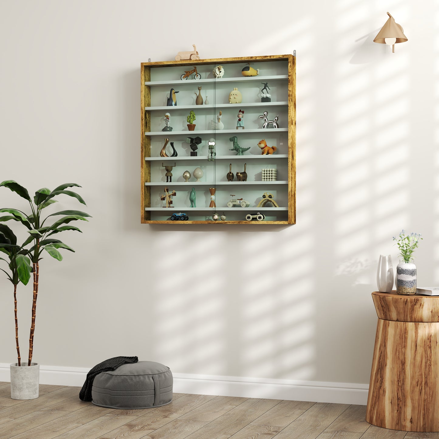 HOMCOM 7 Tier Wall Display Shelf Cabinet With Glass Doors 6 Adjustable Shelves For Home Office Oak 83 By 80 Cm