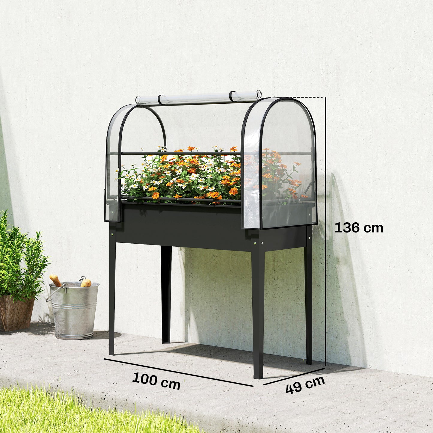 Outsunny Raised Planter With Flip Up Greenhouse Cover On Legs Drainage Hole Black Metal Garden Bed