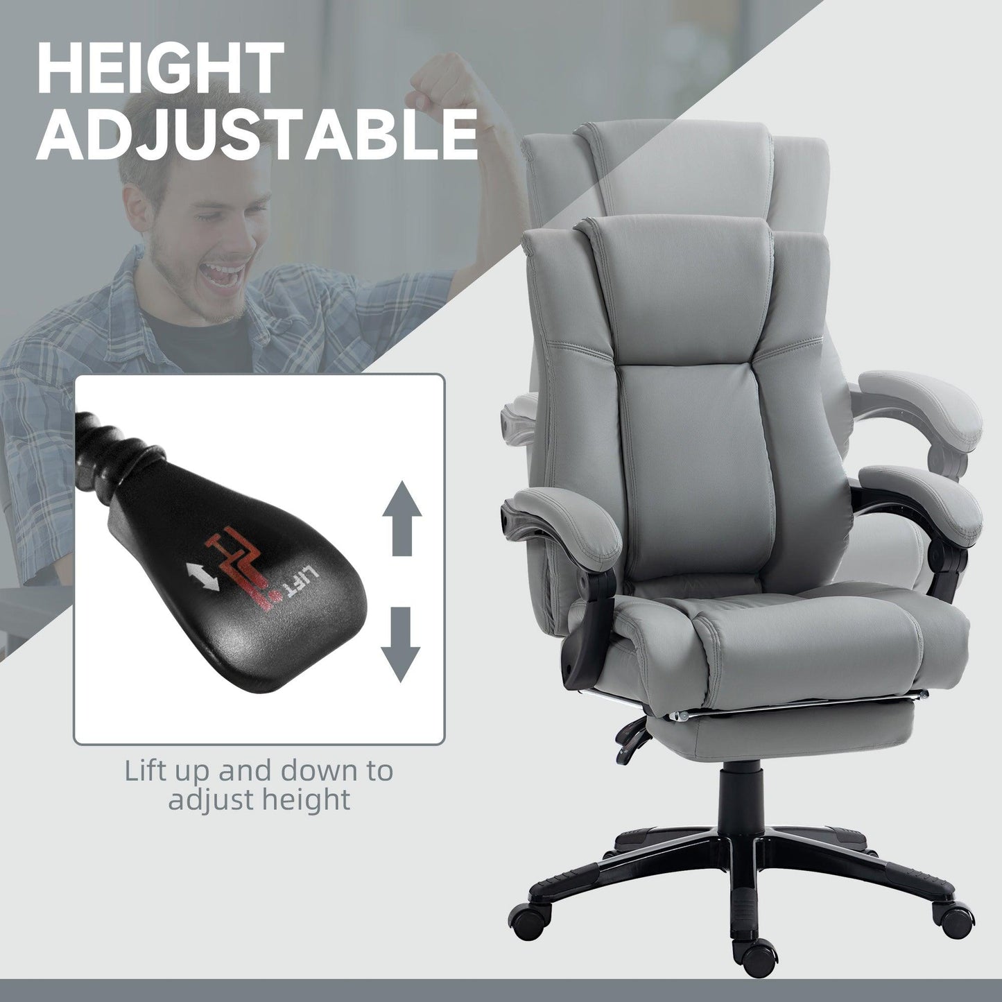 Vinsetto PU Leather Office Chair, Swivel Computer Chair with Footrest, Wheels, Adjustable Height, Grey - ALL4U RETAILER LTD