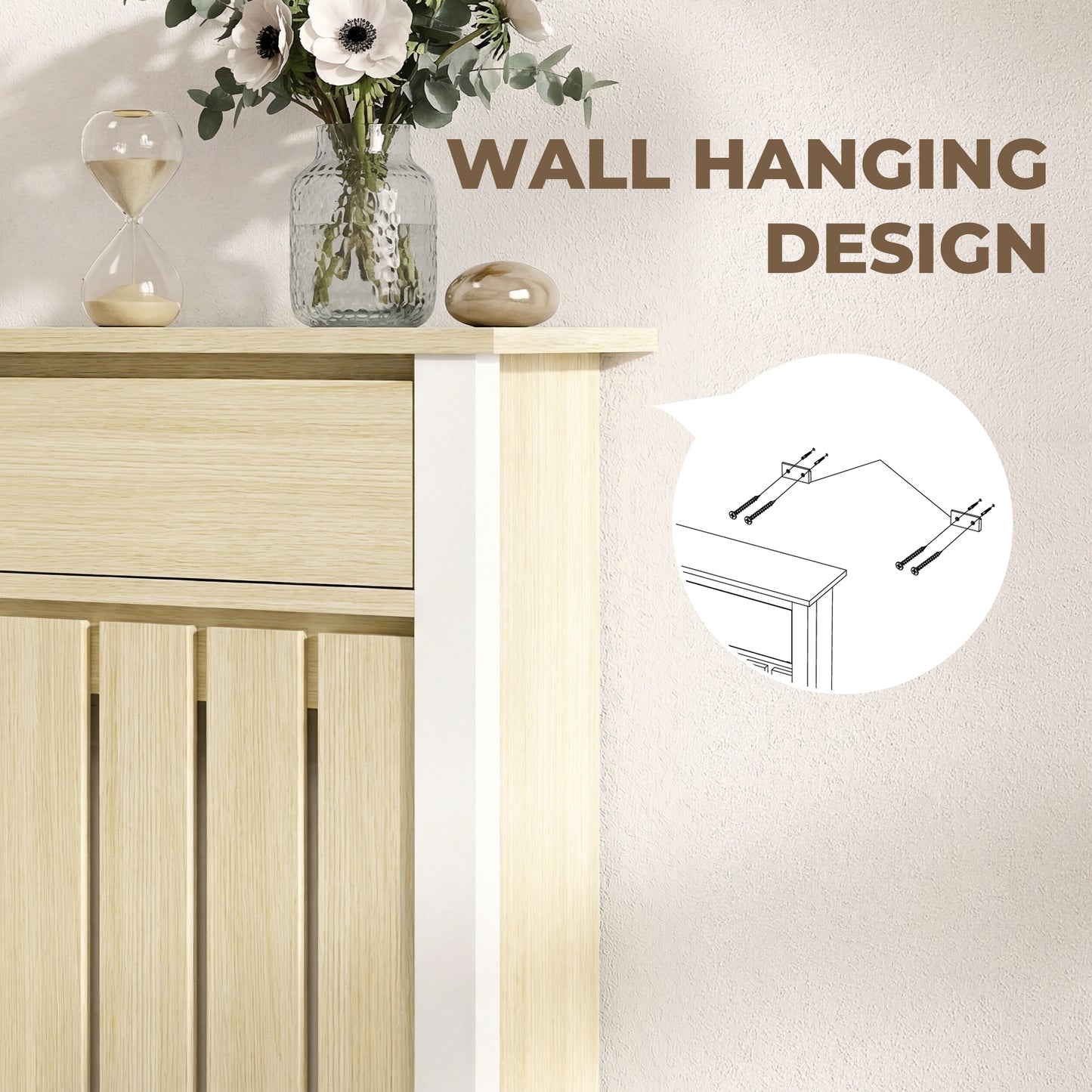 HOMCOM 93 x 88.5 cm Rustic Oak Radiator Cover With White Frame And Slatted Design