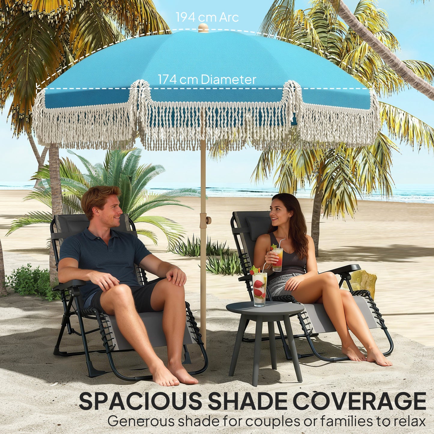 Outsunny 1.7M Beach Umbrella With Sand Anchor 30 Degree Tilting Fringed Beach Garden Parasol Adjustable Height Grey