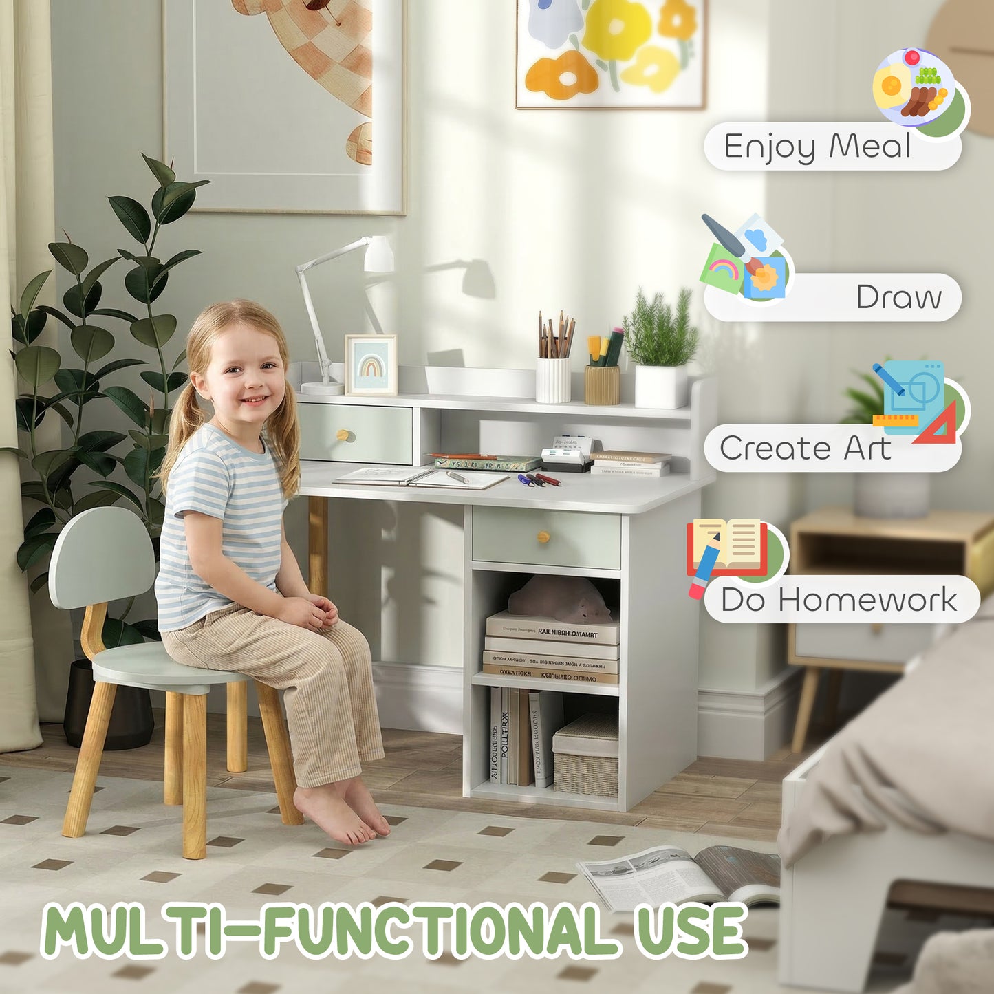 AIYAPLAY Two Piece Children Study Table With Hutch And Kids Desk And Chair Set With Storage Drawers Shelves Green