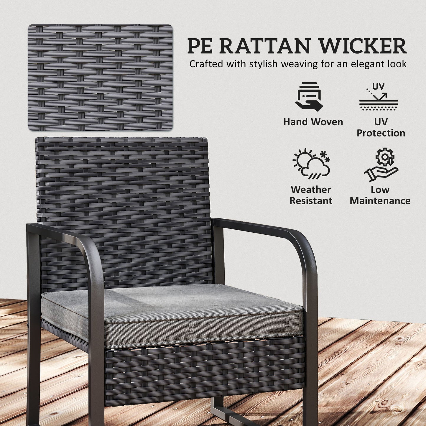 Outsunny Rattan Bistro Set 3 Piece Garden Furniture With Cushions And Glass Top Table Black Weather Resistant
