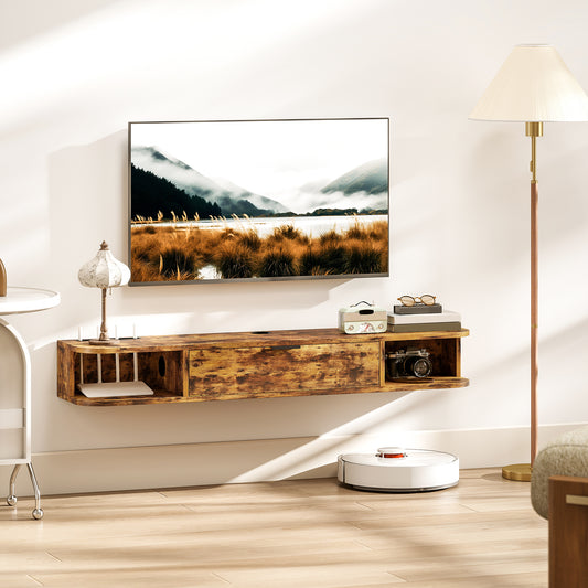 HOMCOM 120 Cm Floating TV Unit for Up To 50 Inch TVs Rustic Brown Wall Mount Cabinet with Concealed Cables and Drawer