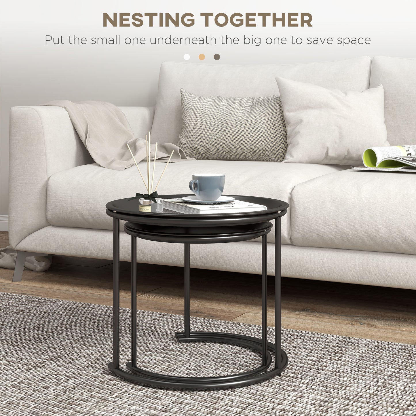 HOMCOM Nesting Tables Set Of 2 With Removable Tray Steel Frame End Tables For Living Room And Bedroom Black