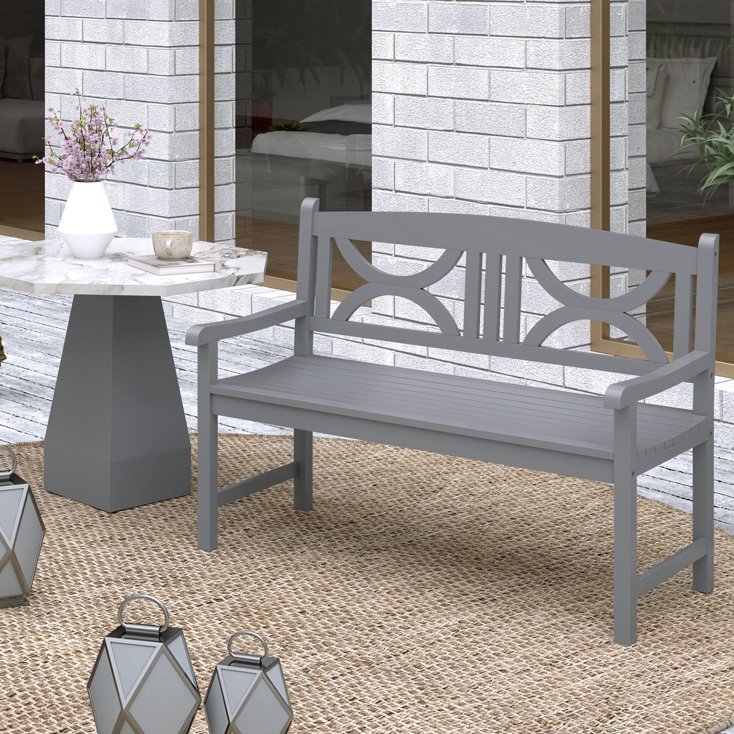 Outsunny 2 Seater Wooden Garden Bench Outdoor Patio Loveseat For Porch Grey Weather Resistant Poplar Wood