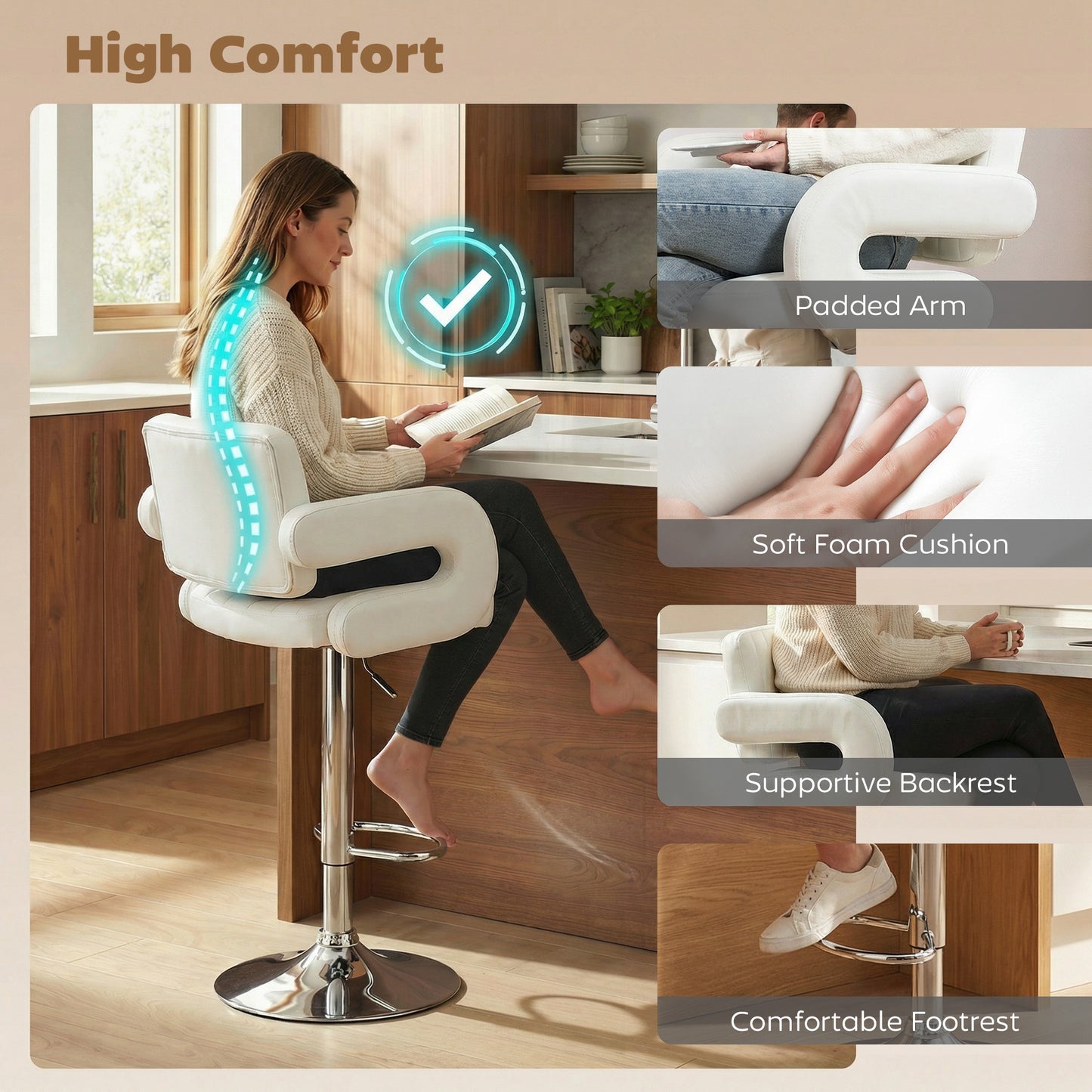 HOMCOM Adjustable Bar Stools Set Of 2 Swivel Kitchen Chairs With Backrest And Armrests PU Leather White