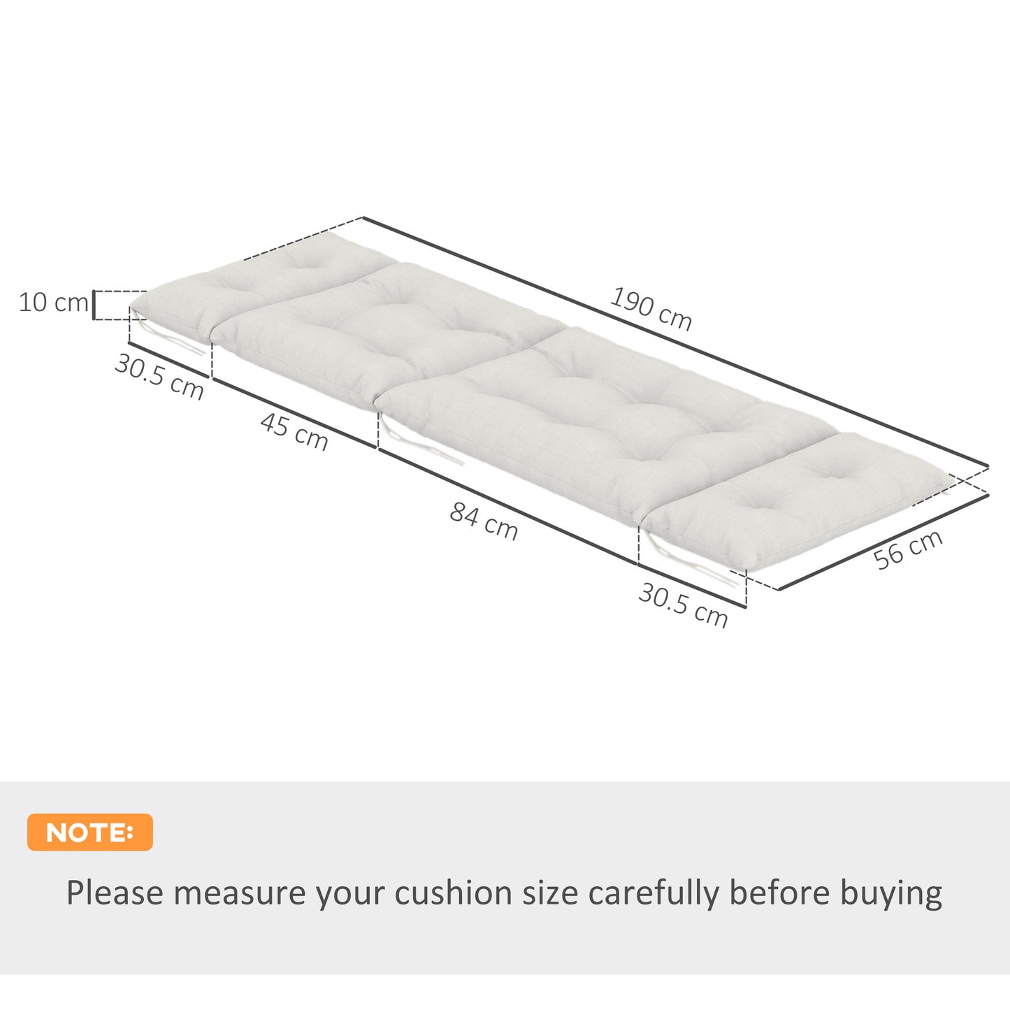 Outsunny Set Of Two 190 X 56 Cm Sun Lounger Cushions Light Grey With PP Foam Fill And Tie Fasteners