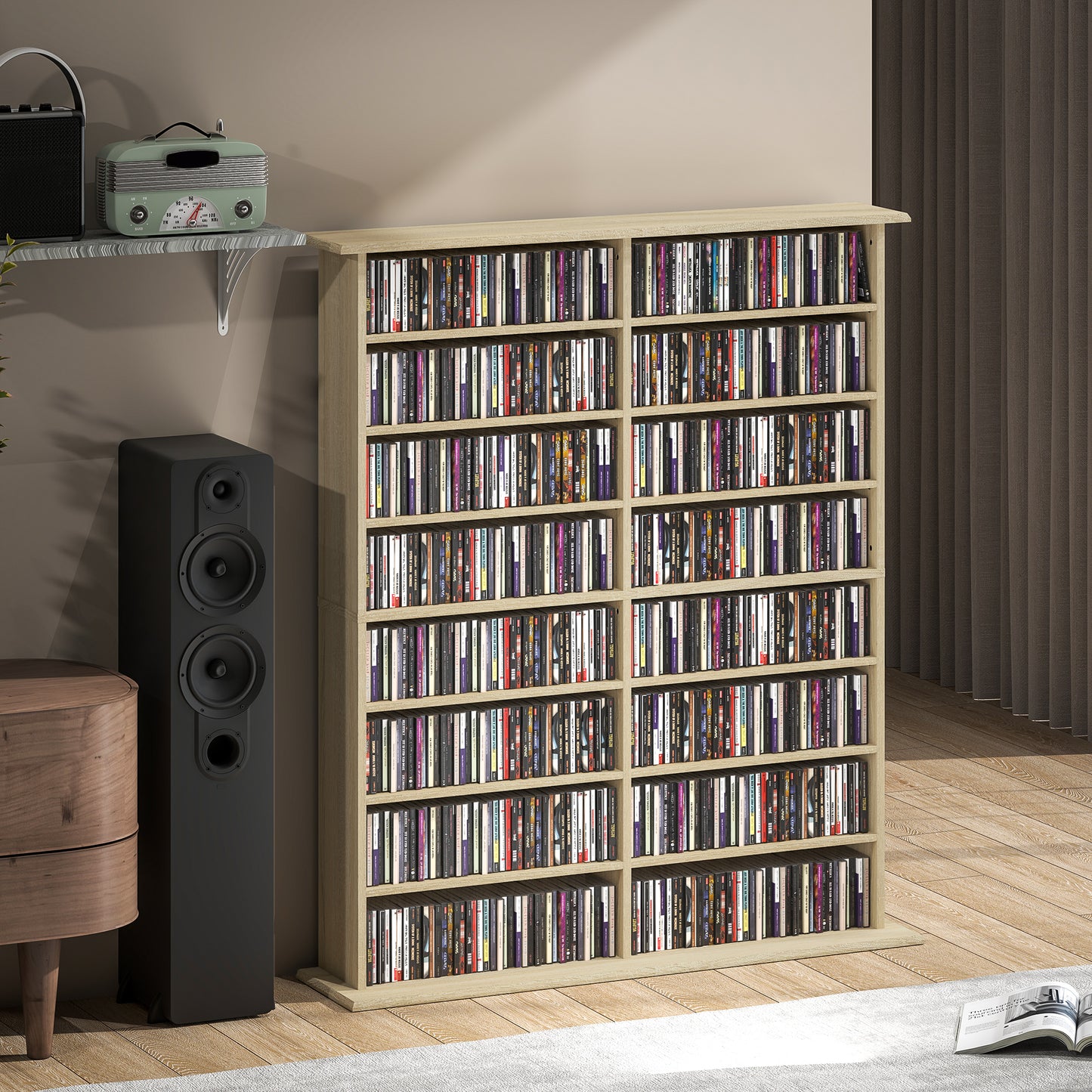 HOMCOM 16 Compartment Media Shelf Nature Wood Finish With 12 Adjustable Shelves Holds 720 CDs 396 DVDs Blu Rays