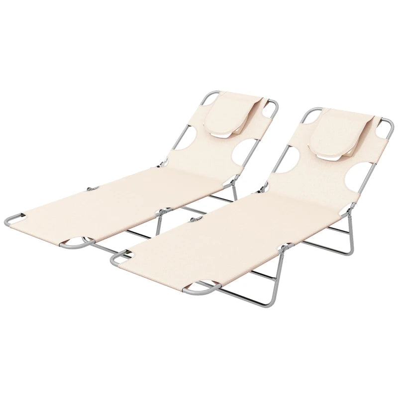 Outsunny Foldable Sun Lounger Set of 2 with Reading Hole & Arm Slots, 5-Position Adjustable Backrest, Side Pocket, Pillow for Patio, Garden, Beach, Pool - Beige Beach Chaise Lounges - ALL4U RETAILER LTD