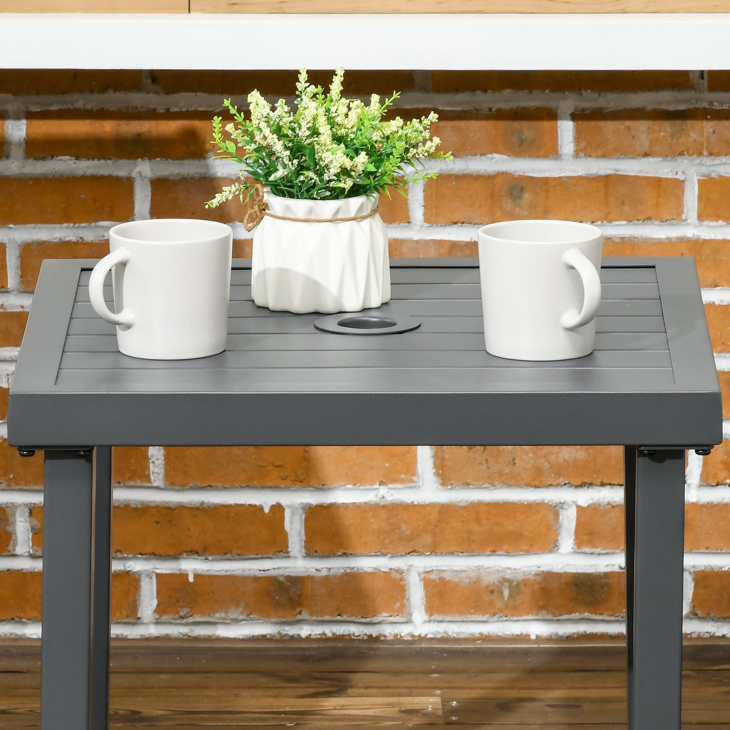 Outsunny Grey Patio Side Table with Umbrella Hole - Steel Frame Coffee Table for Balcony - ALL4U RETAILER LTD