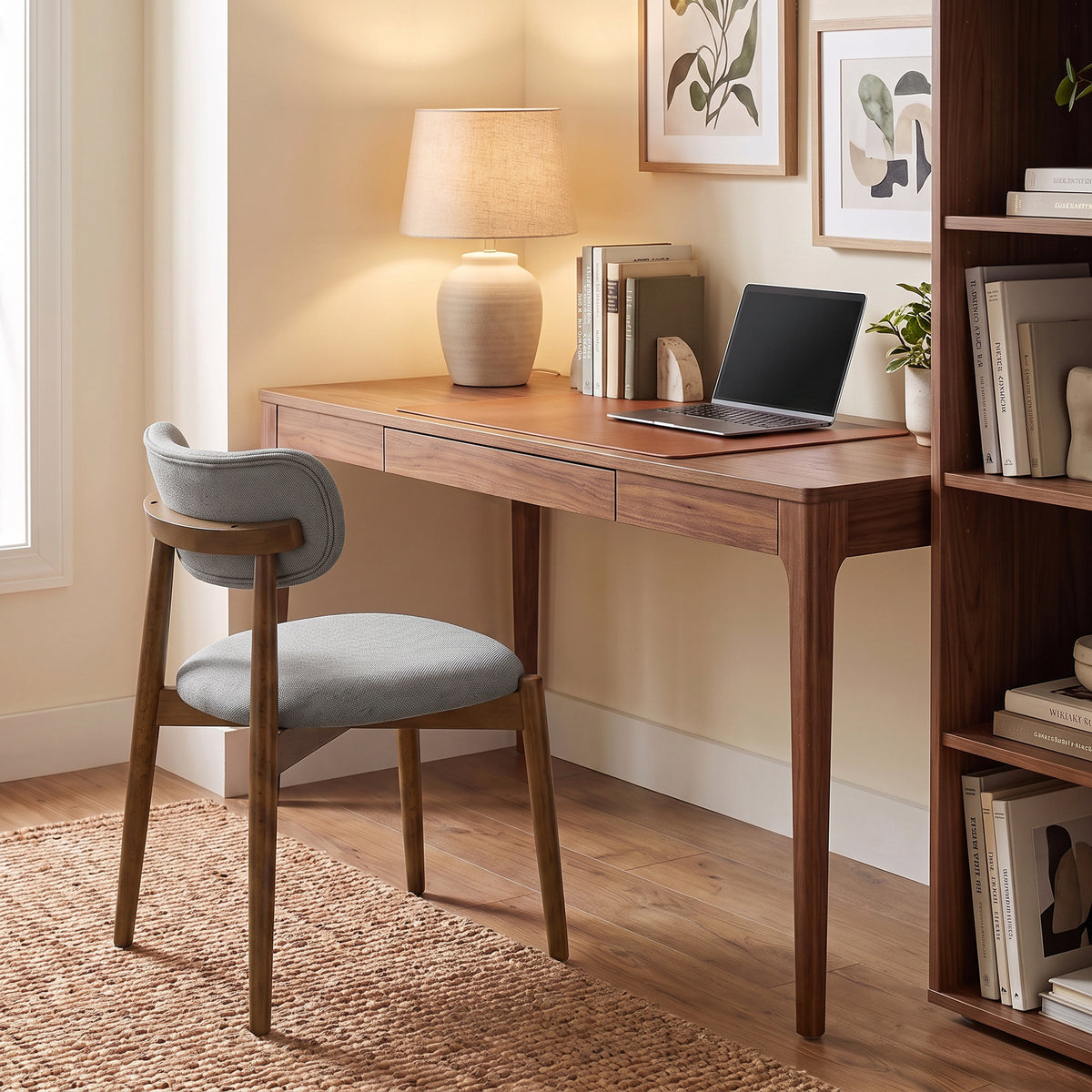 Grey chenille dining chair with curved backrest and rubberwood legs