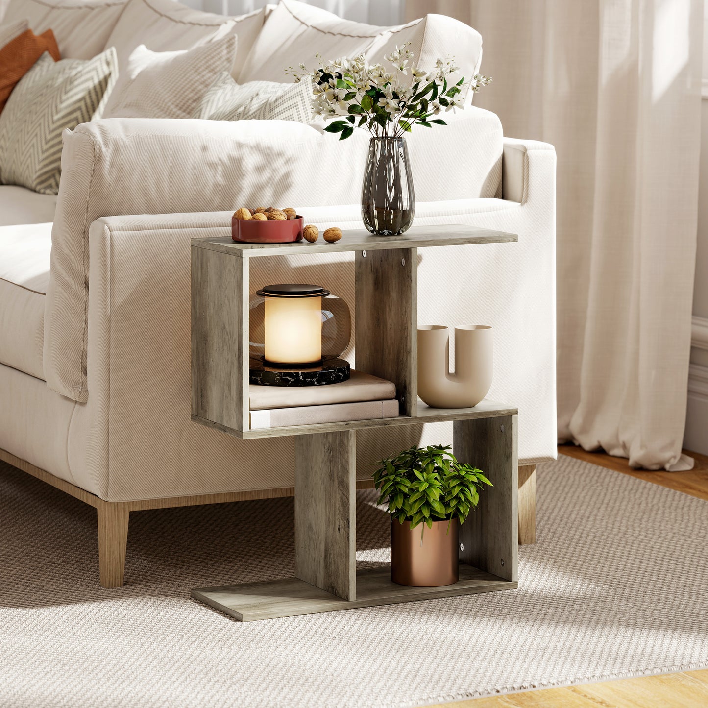 HOMCOM S Shaped Narrow Side Table 3 Tier With Storage Shelves Grey 50W x 19.5D x 58H cm