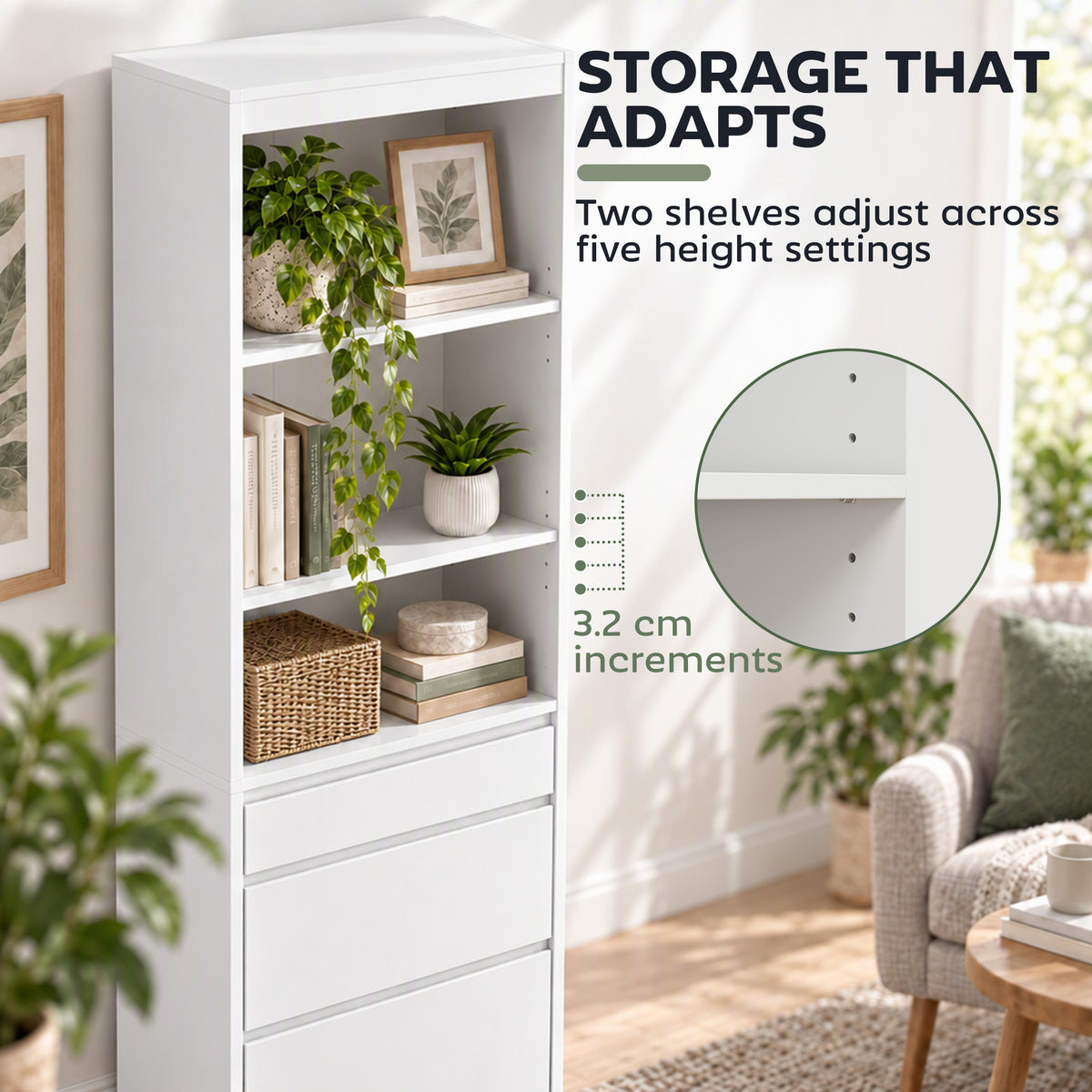 White bookcase with adjustable shelves and three drawer fronts for vertical storage.