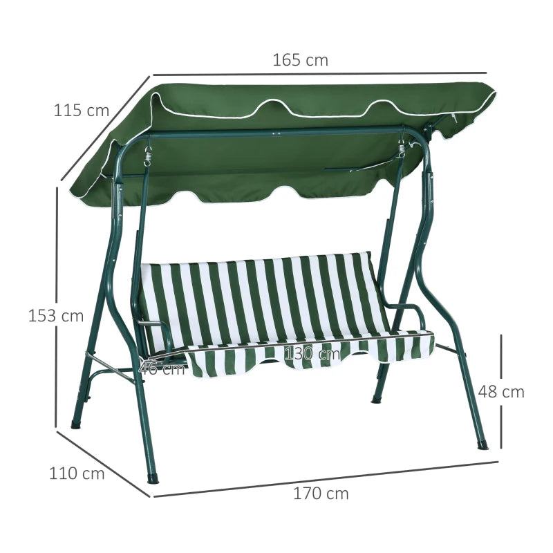 Outsunny 3 Seater Garden Swing Seat Chair Outdoor Bench with Adjustable Canopy and Metal Frame - Green Stripes | Patio Swing for Relaxation and Comfort - ALL4U RETAILER LTD