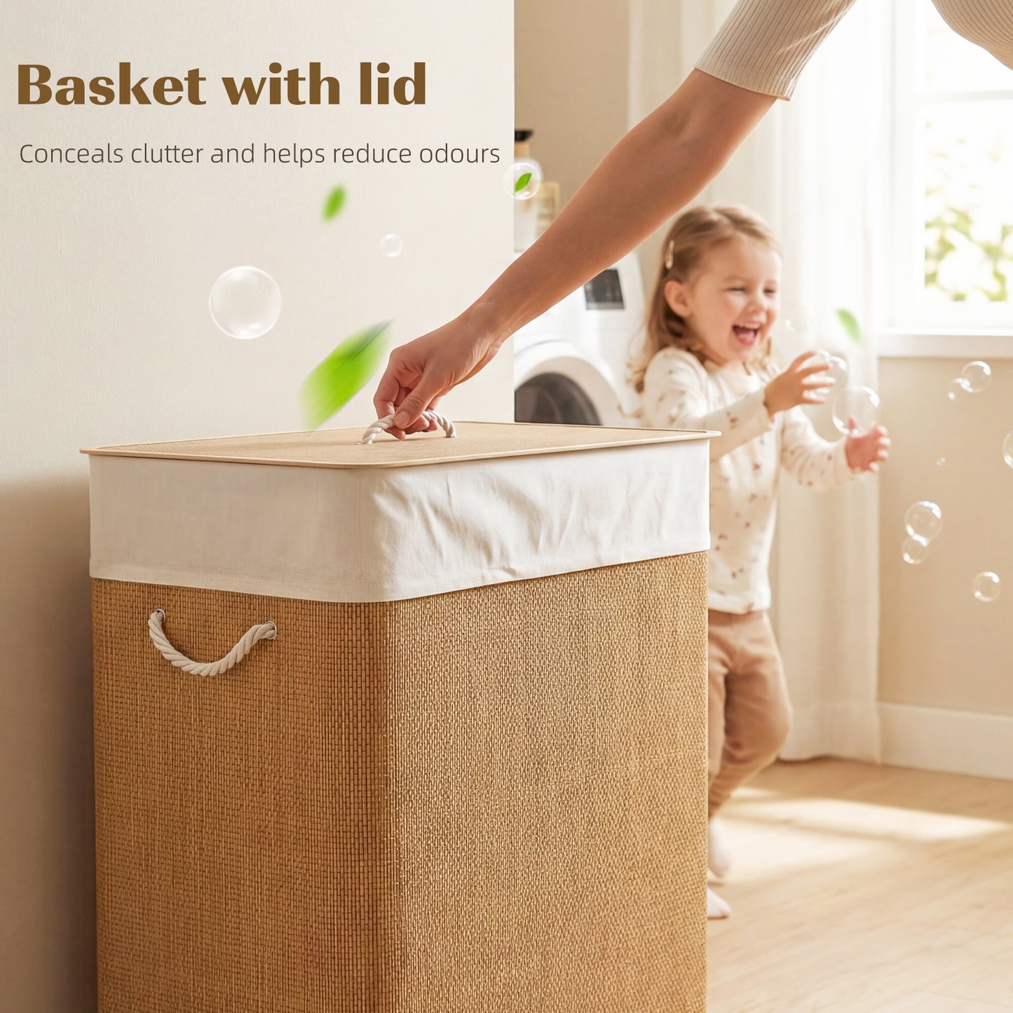 HOMCOM Double Laundry Basket With Lid 100L Bamboo Hamper With Rope Handles Removable Liner For Bathroom Bedroom Brown
