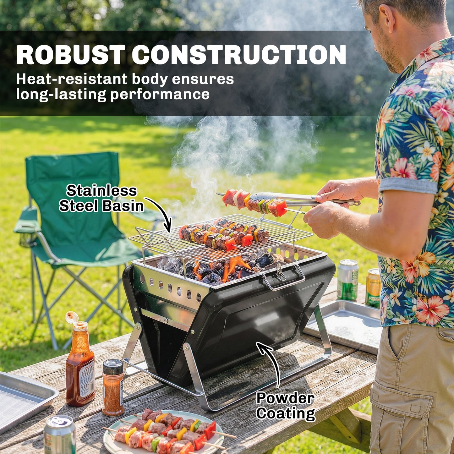 Outsunny Portable Charcoal BBQ Grill Stainless Steel Tilting Grate for Camping Picnic Garden Black