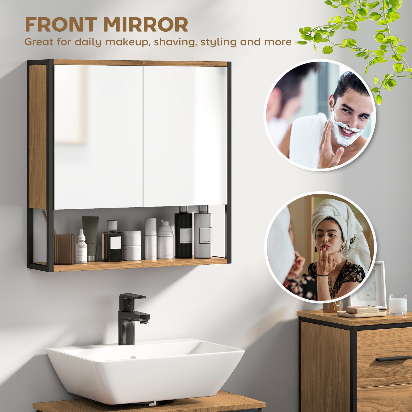 HOMCOM Bathroom Mirror Cabinet With Soft Close Doors And Adjustable Shelf In Natural Wood Finish For Modern Bathrooms