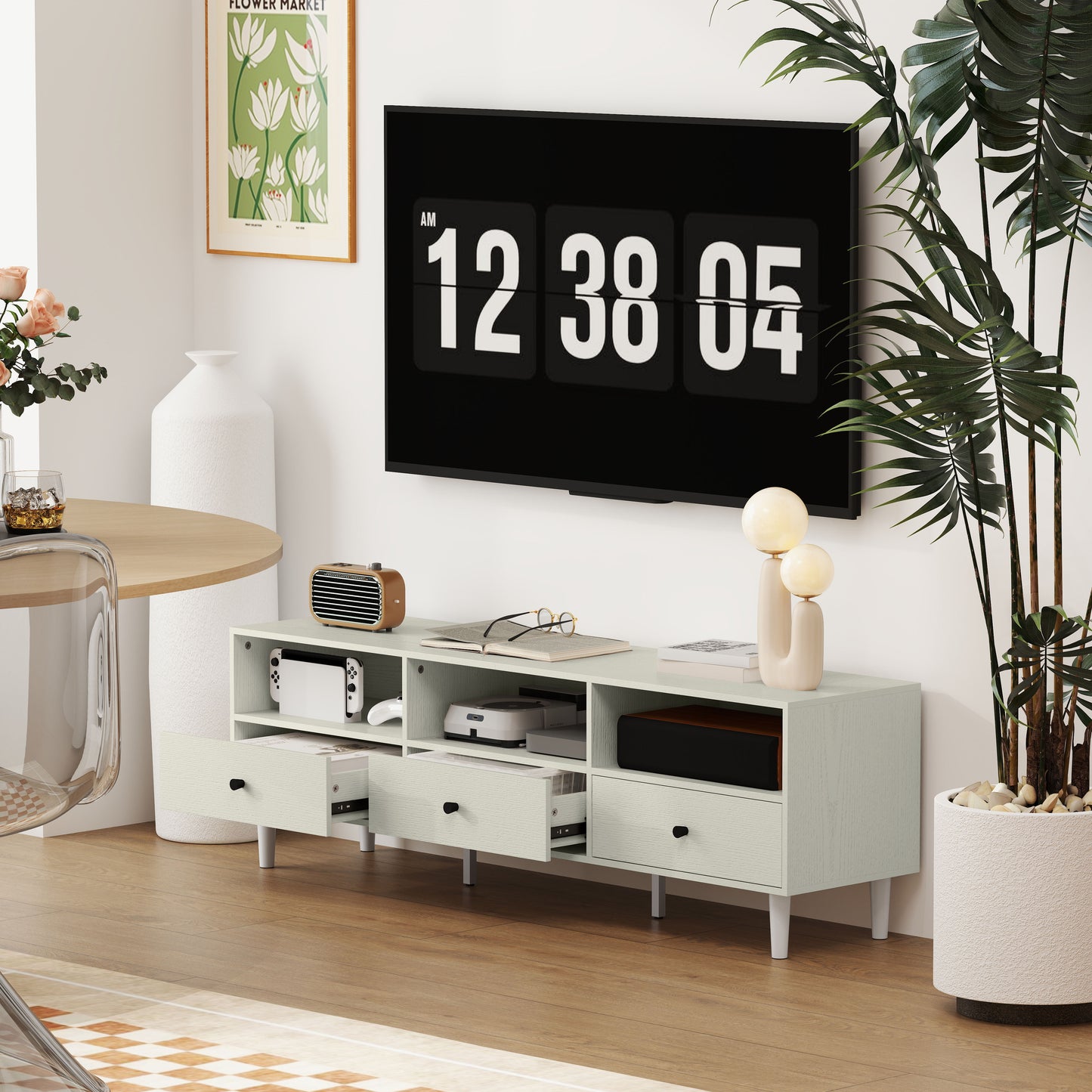 HOMCOM Cream White Multi Storage TV Stand With Three Shelves And Three Drawers Cable Management Up To 75 Inch Screen