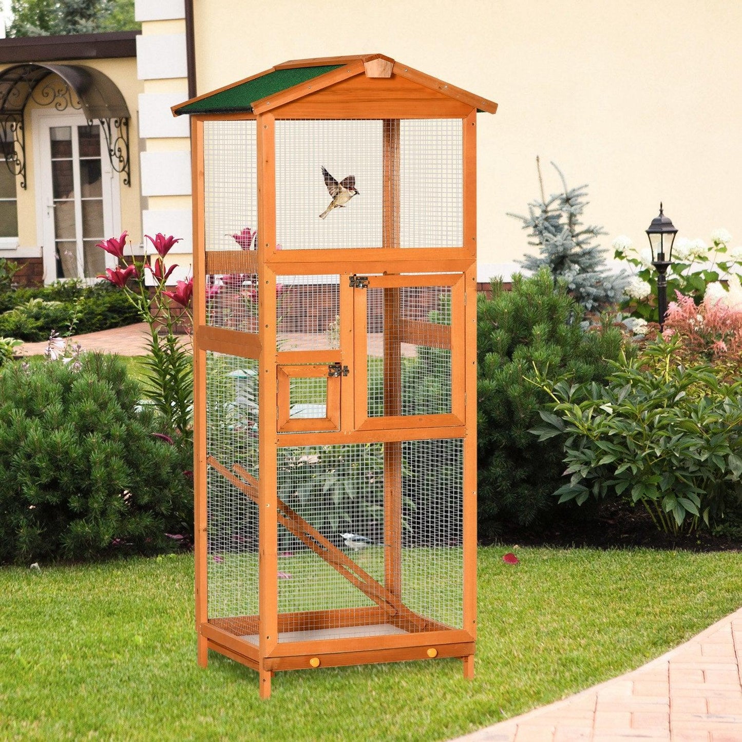 PawHut Orange Wooden Bird Aviary Cage with Pull Out Tray, 2 Doors - ALL4U RETAILER LTD