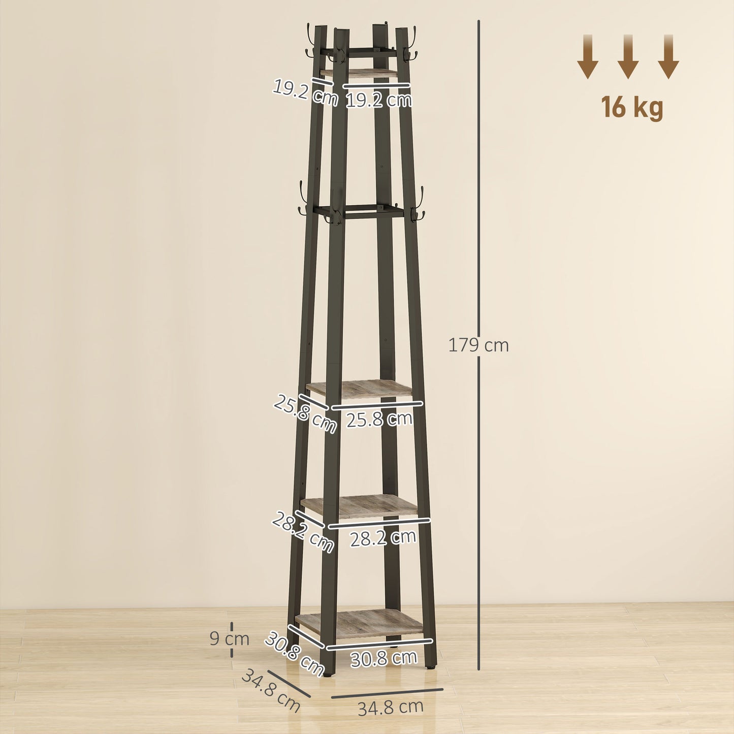 HOMCOM Industrial-Style Four-Shelf Coat Stand With Eight Triple-Prong Hooks In Grey And Black