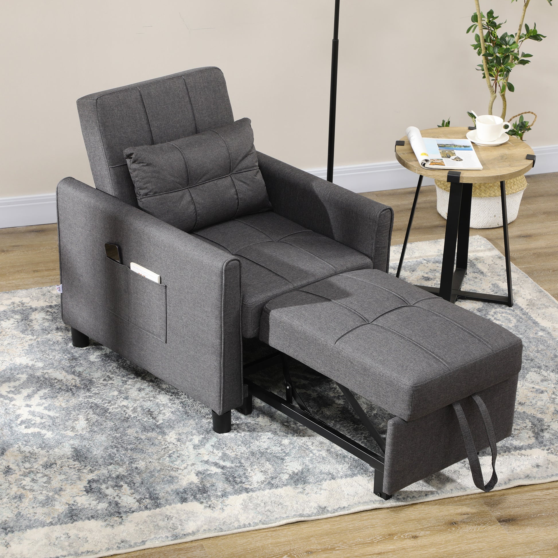 HOMCOM Convertible Sleeper Chair with Adjustable Backrest and Storage Pockets, Grey - ALL4U RETAILER LTD