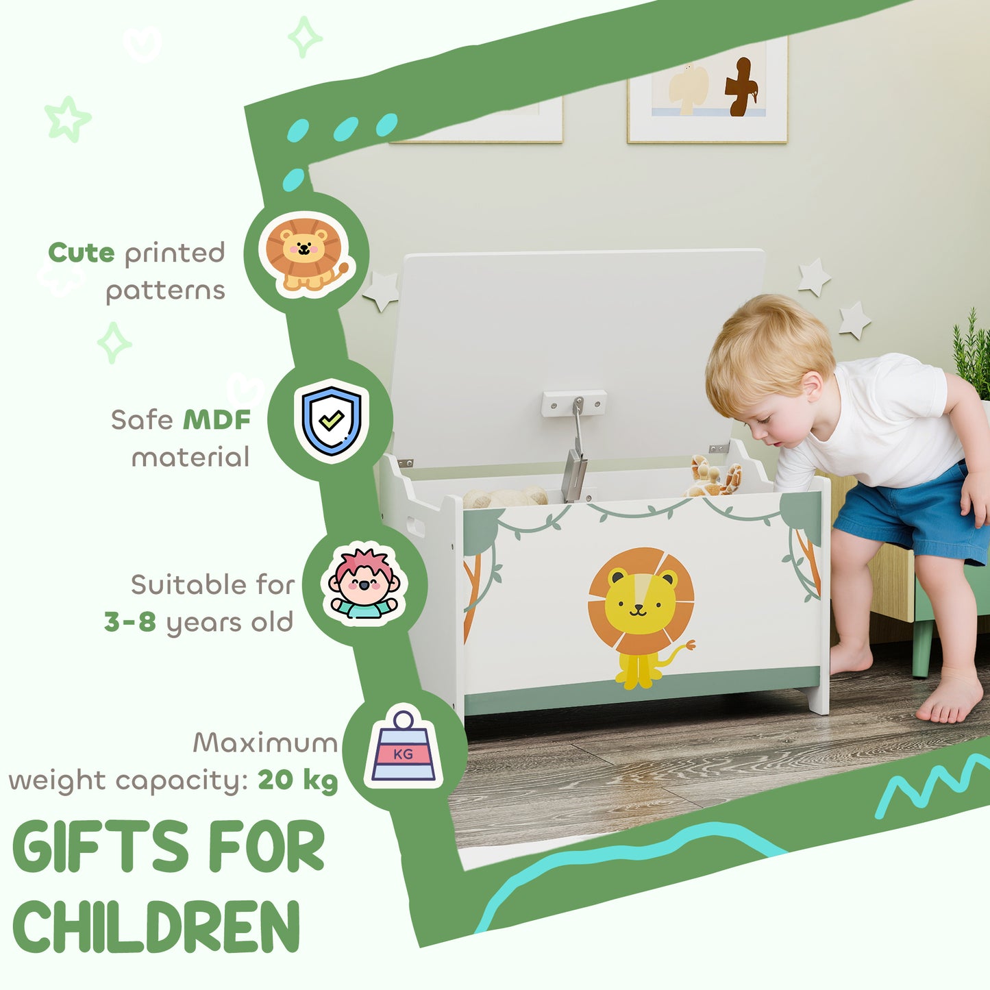 AIYAPLAY Toy Box With Lid And Safety Hinges Groove Handles Kids Toy Storage Organizer For Living Room Playroom Green