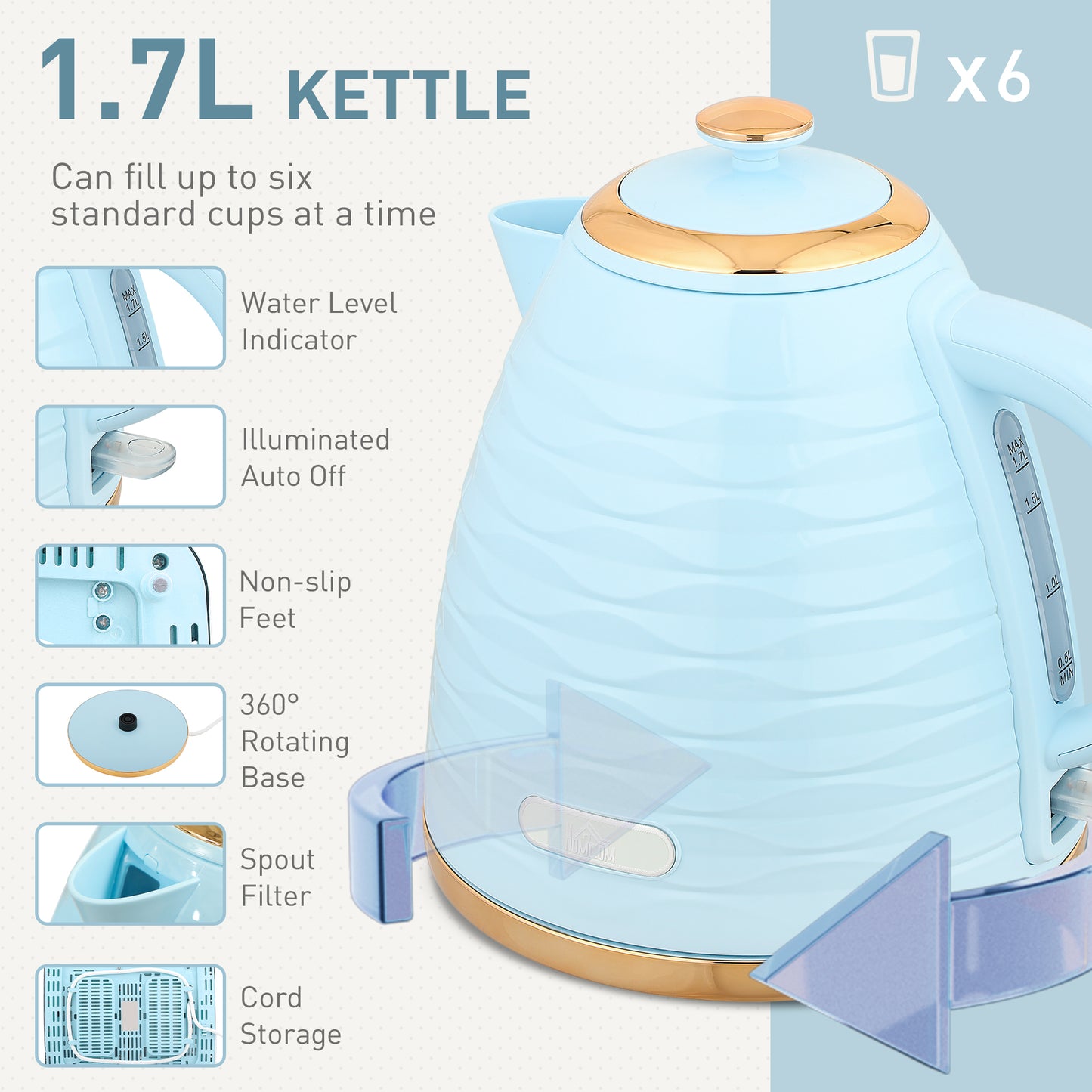 HOMCOM 3000W Kettle and 4 Slice Toaster Set with 7 Browning Levels Crumb Tray Light Blue
