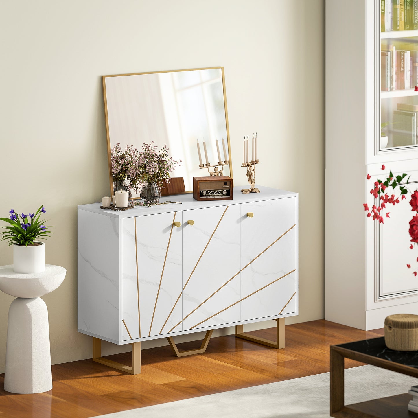 HOMCOM White Marble Tone Sideboard Cabinet With Adjustable Shelves And Metal Legs For Living Room Kitchen Dining Hallway
