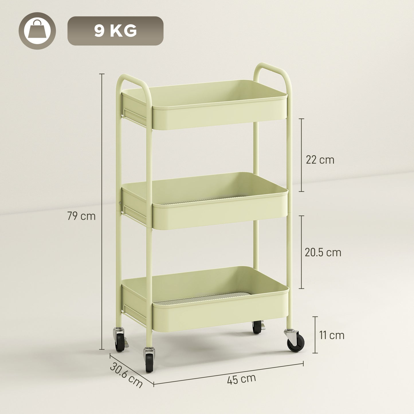HOMCOM Three Tier Steel Storage Trolley Green Rolling Cart with Small Medium Large Baskets for Home Organization