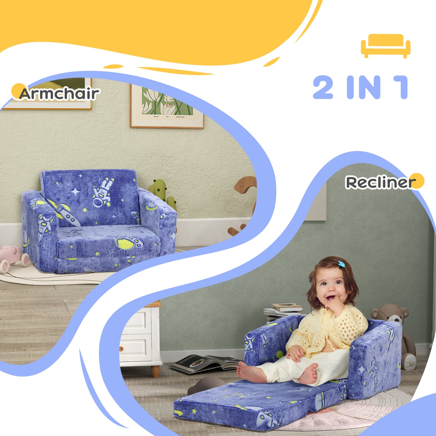 AIYAPLAY Glow-in-the-Dark Cosmic Children's Sofa Bed - 2-in-1 Foldable Chair and Bed for Kids, Washable Cushion, Blue - ALL4U RETAILER LTD