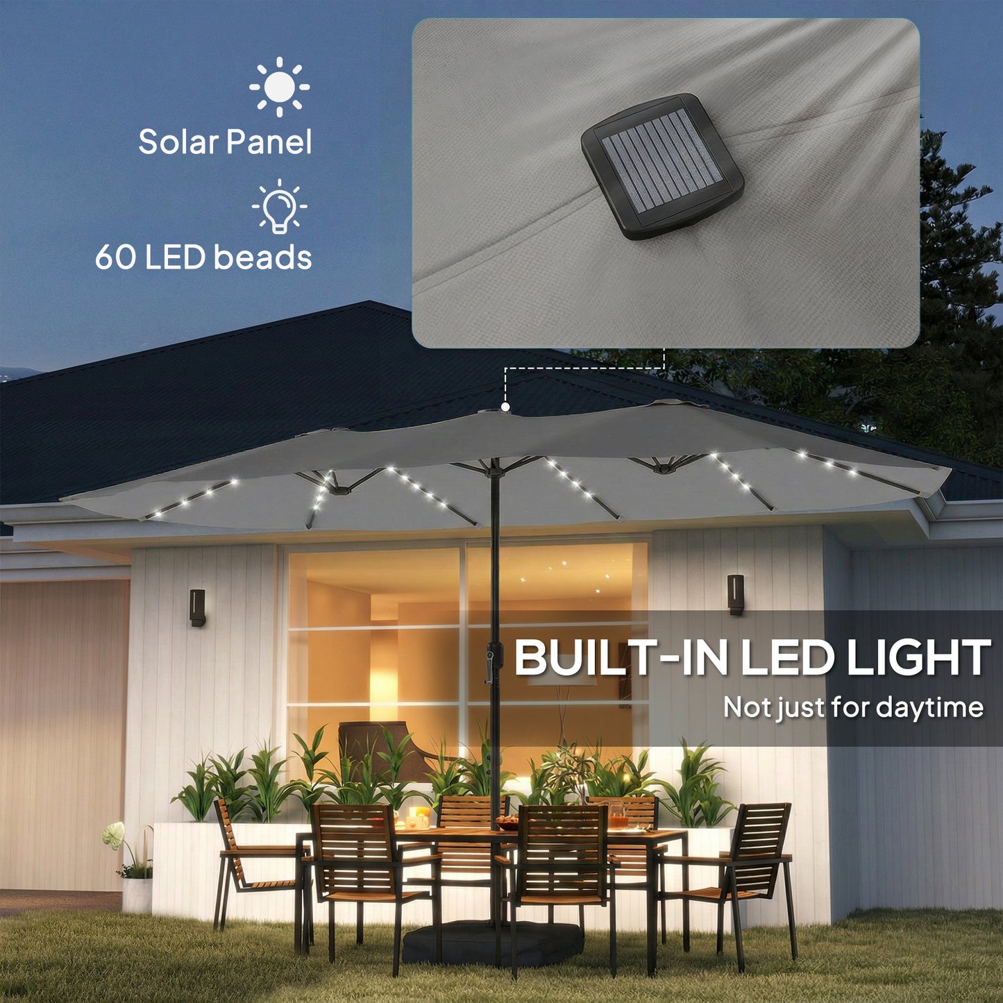 Outsunny Double Sided Patio Umbrella With Solar Lights Base Premium Grey Outdoor Shade