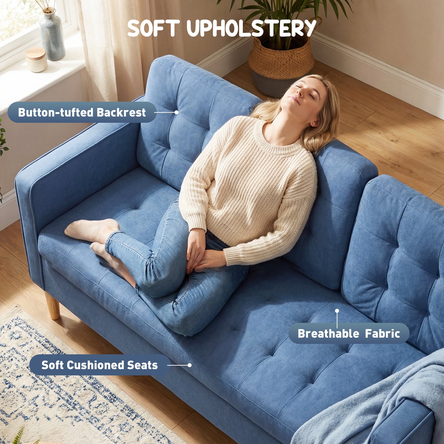 HOMCOM Three Seater Sofa Blue With Hidden Storage And Wood Legs 169cm Couch For Living Room
