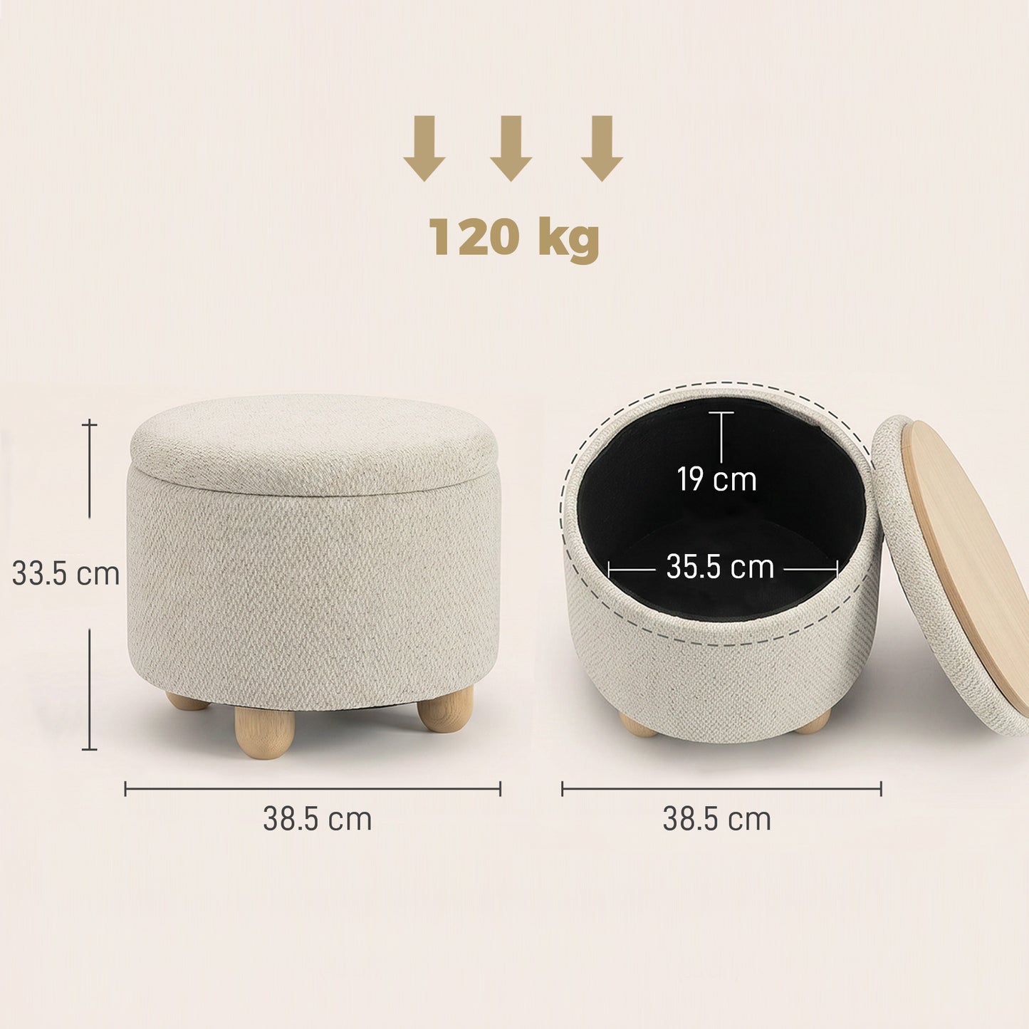 HOMCOM Round Storage Ottoman Bench With Lid Beige Rubberwood Legs For Living Room Organization