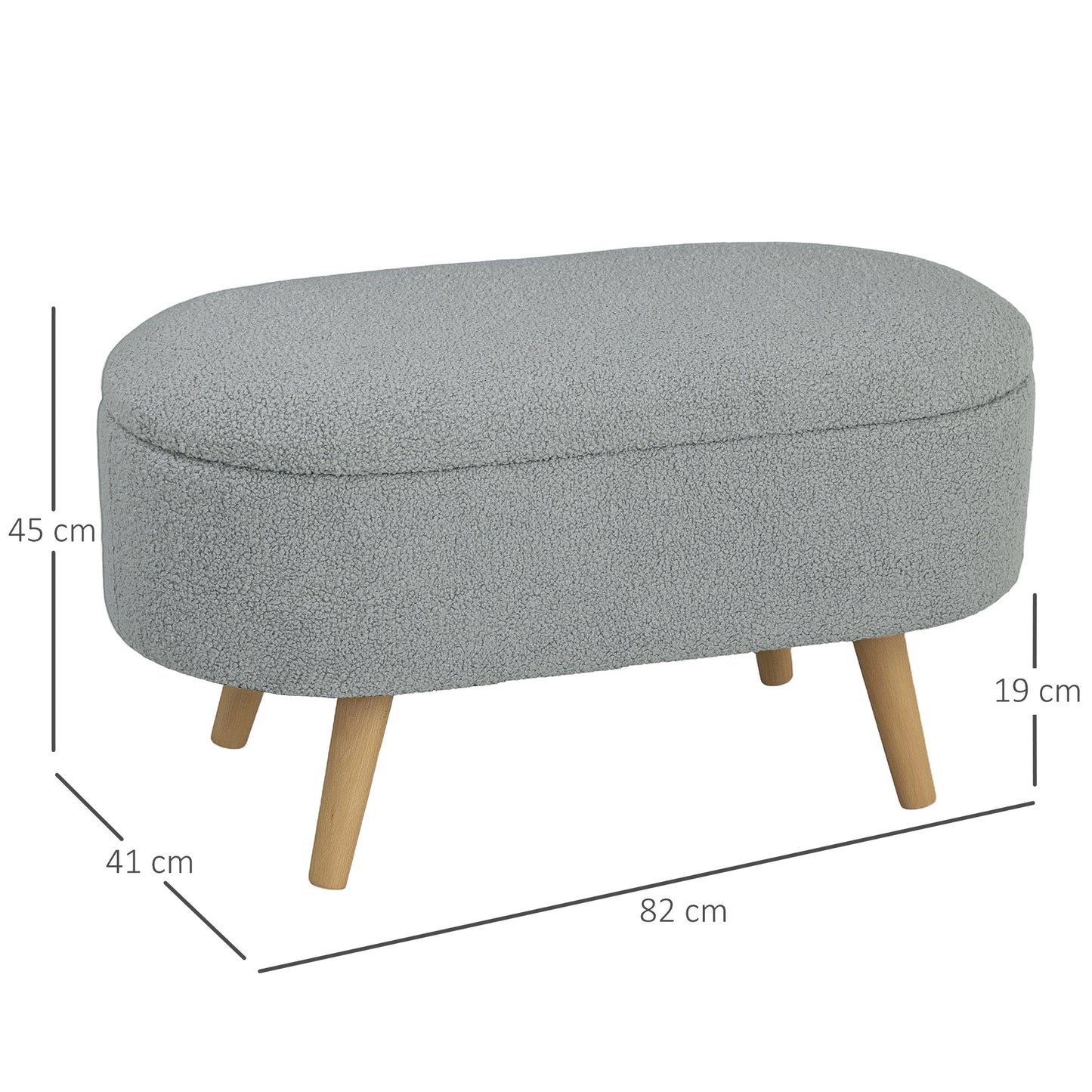 HOMCOM Teddy Fleece Storage Ottoman Grey With Inner Storage Space 72 x 32 cm Padded Seat And Pine Wood Legs