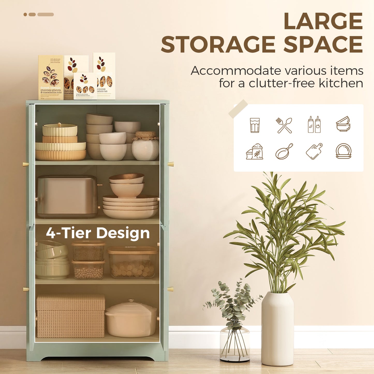 HOMCOM Four Door Kitchen Storage Cabinet With Adjustable Shelves Green Arched Door Panels And Gold Tone Handles