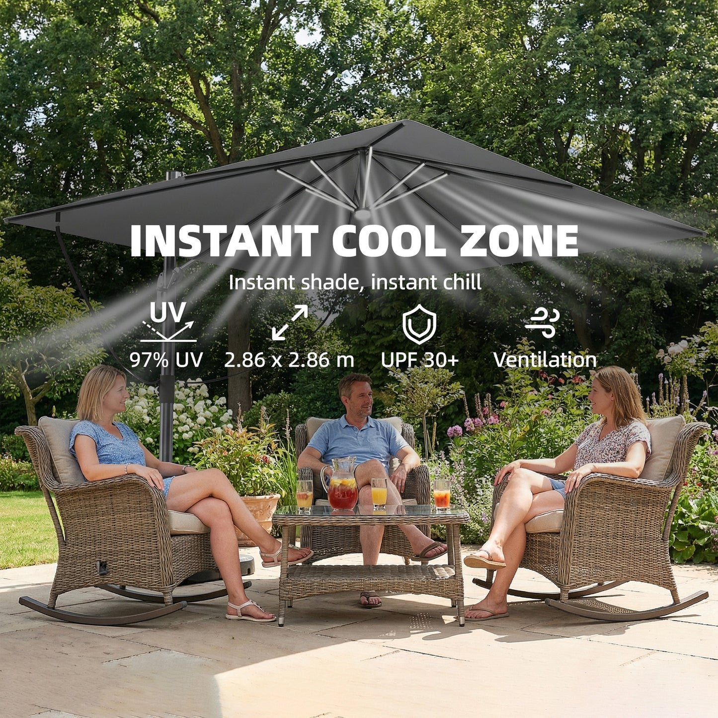 Outsunny 3m x 3m Cantilever Garden Parasol With Light And Cover, Wind Protection, 360 Degree Rotation, Grey