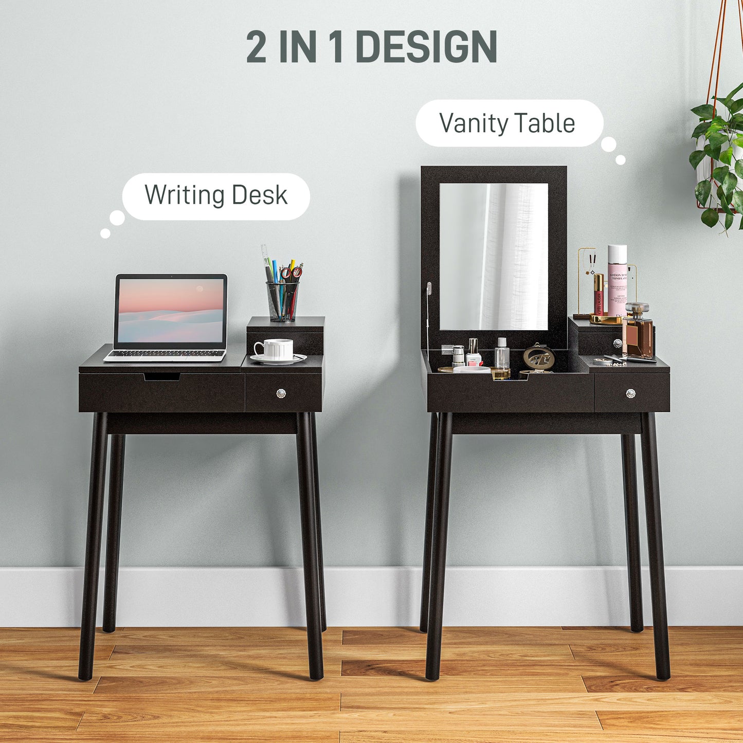 HOMCOM Dressing Table With Flip Up Mirror Two Drawers Pine Wood Legs Vanity Desk For Bedroom And Living Room Black