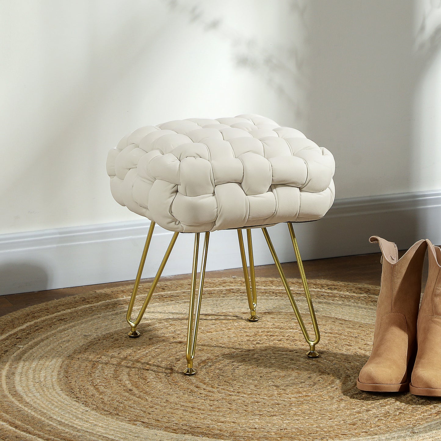 Homcom Velvet Feel Bold Cross Woven Footstool Cream White Living Room Friendly Padded Comfort