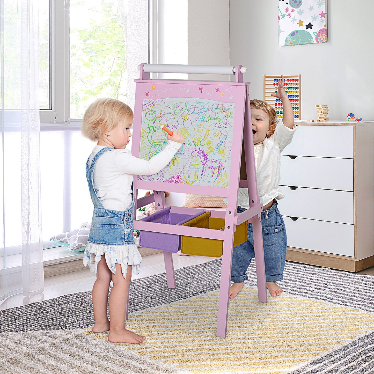 HOMCOM Kids 3 In 1 Wooden Art Easel With Paper Roll Chalkboard Whiteboard Storage Baskets Pink