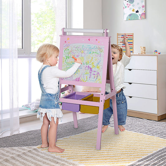 HOMCOM Kids 3 In 1 Wooden Art Easel With Paper Roll Chalkboard Whiteboard Storage Baskets Pink