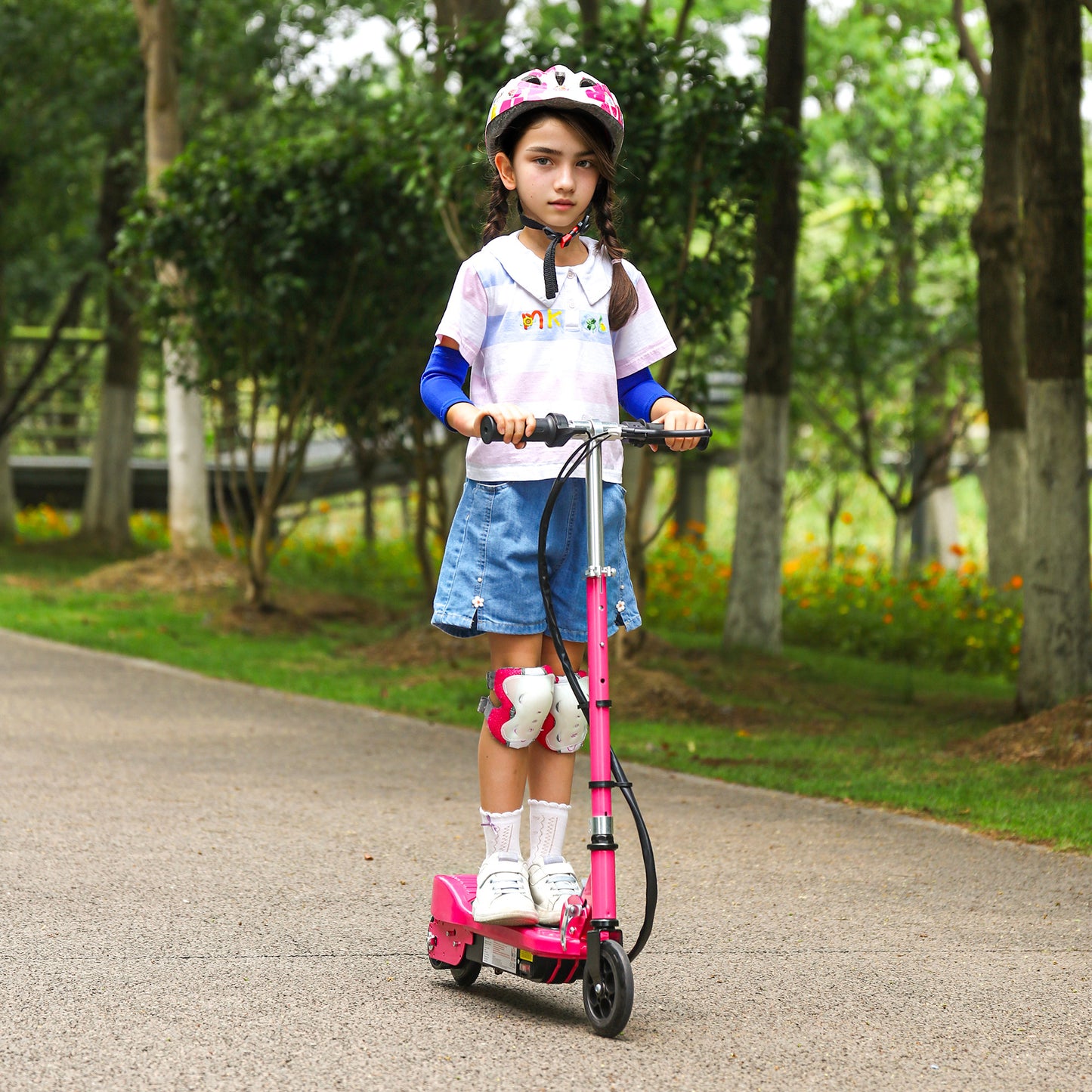 HOMCOM Pink Folding Electric Scooter for Kids Aged 7-14, Portable Ride-On