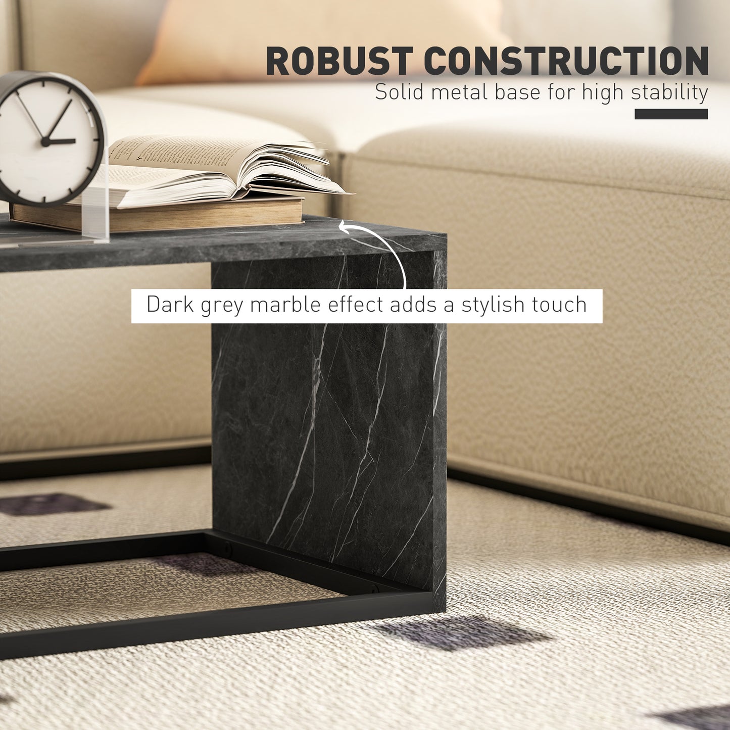 HOMCOM Nesting Coffee Tables Set of 2 Industrial Stacking Side Tables with Metal Frame Dark Grey Marble Effect