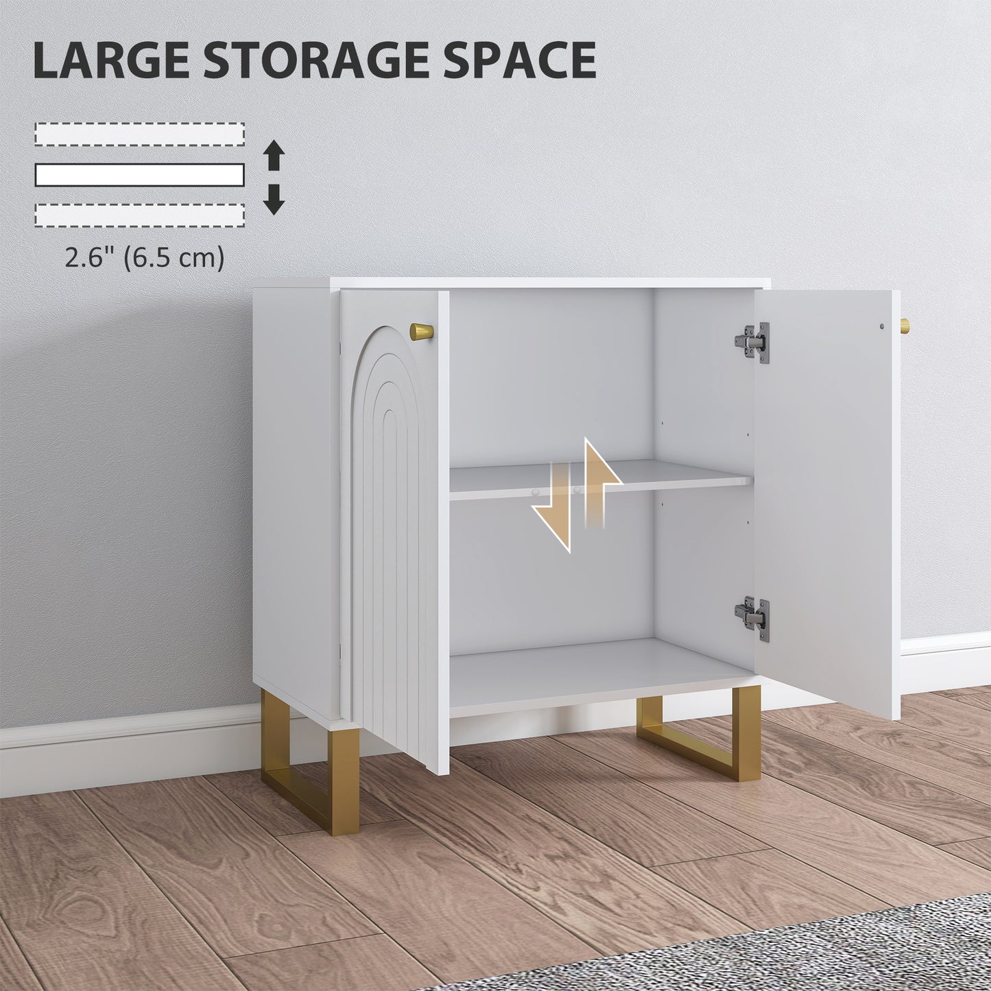 HOMCOM 2 Door Sideboard Storage Cabinet White Adjustable Three Level Shelf Arched Doors And Golden Accents Living Room